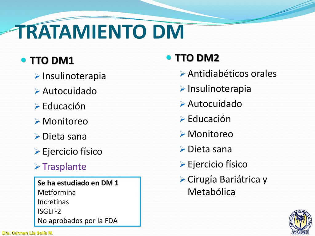 TRATAMIENTO DM TTO DM2 TTO DM1 Antidiabéticos orales Insulinoterapia