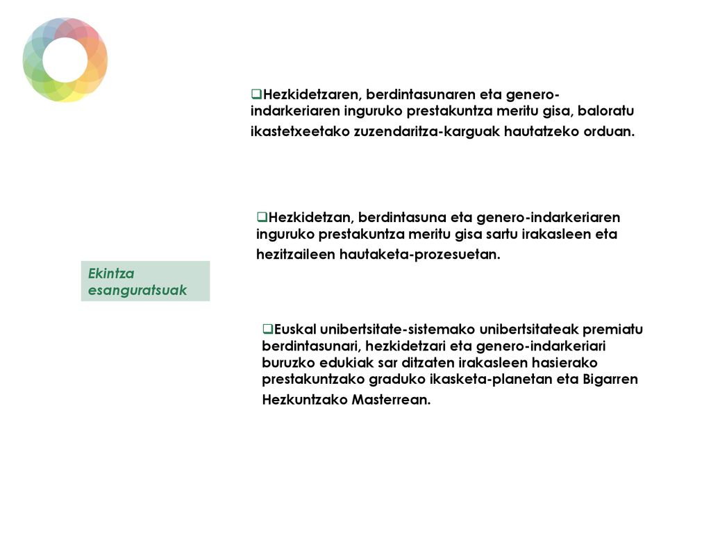 Hezkidetzaren, berdintasunaren eta genero-indarkeriaren inguruko prestakuntza meritu gisa, baloratu ikastetxeetako zuzendaritza-karguak hautatzeko orduan.