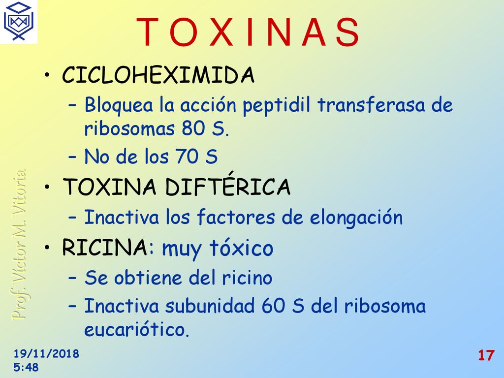 T O X I N A S CICLOHEXIMIDA TOXINA DIFTÉRICA RICINA: muy tóxico