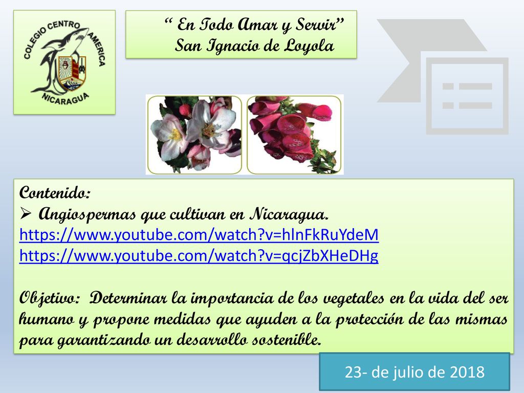 En Todo Amar y Servir San Ignacio de Loyola. Contenido: Angiospermas que cultivan en Nicaragua.