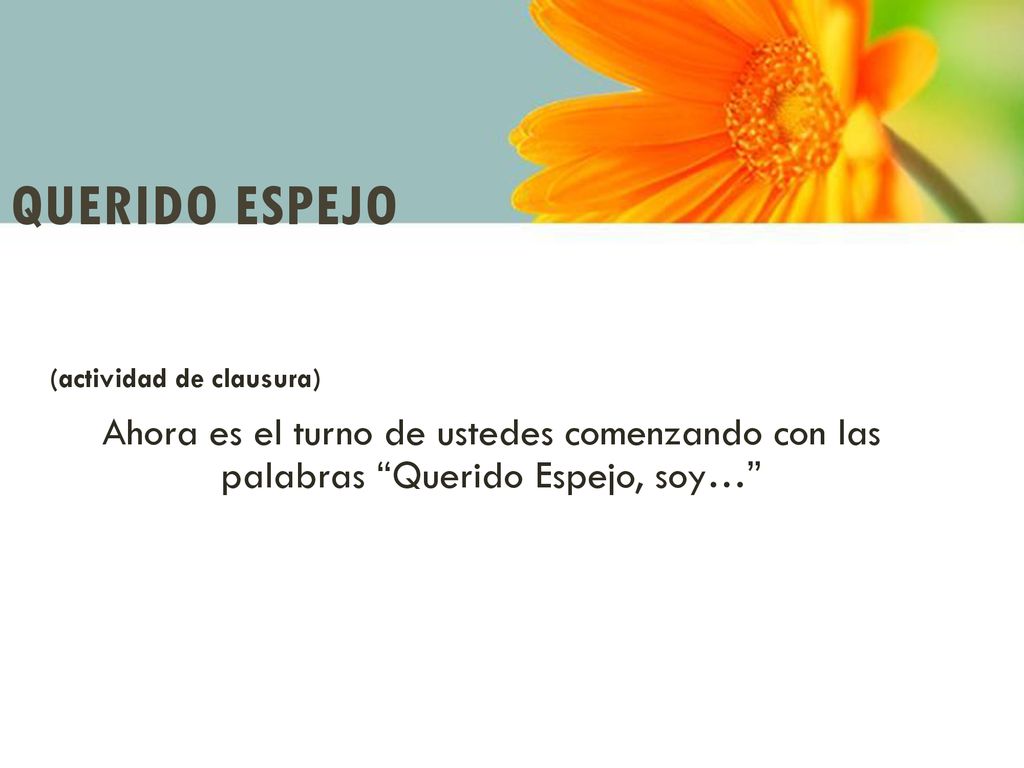 Querido Espejo (actividad de clausura) Ahora es el turno de ustedes comenzando con las palabras Querido Espejo, soy…
