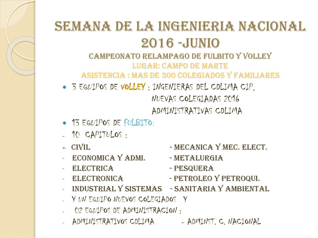 SEMANA DE LA INGENIERIA NACIONAL JUNIO CAMPEONATO RELAMPAGO DE FULBITO Y VOLLEY LUGAR: CAMPO DE MARTE ASISTENCIA : MAS DE 300 COLEGIADOS Y FAMILIARES
