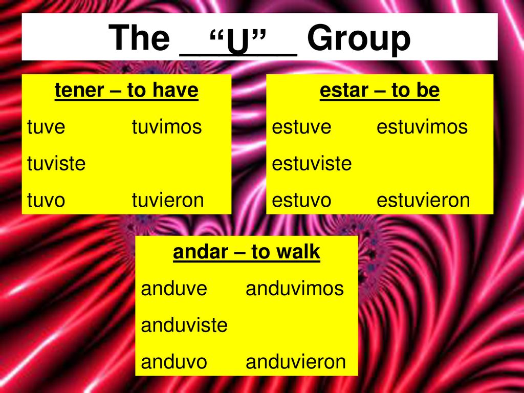 The ______ Group U tener – to have tuve tuvimos tuviste