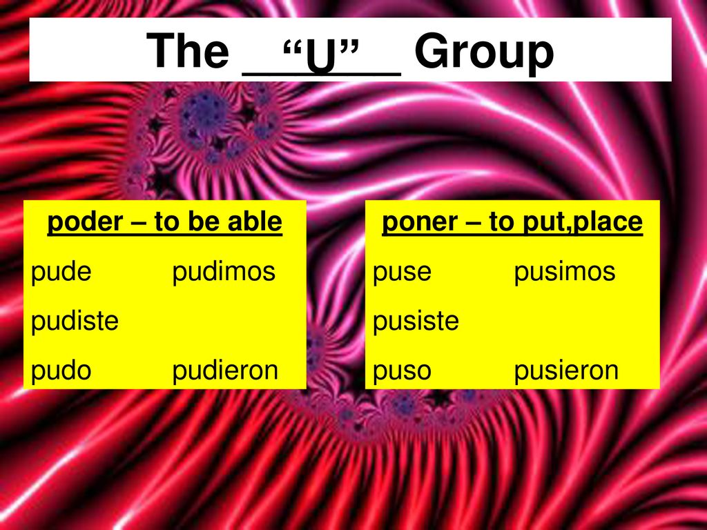 The ______ Group U poder – to be able pude pudimos pudiste