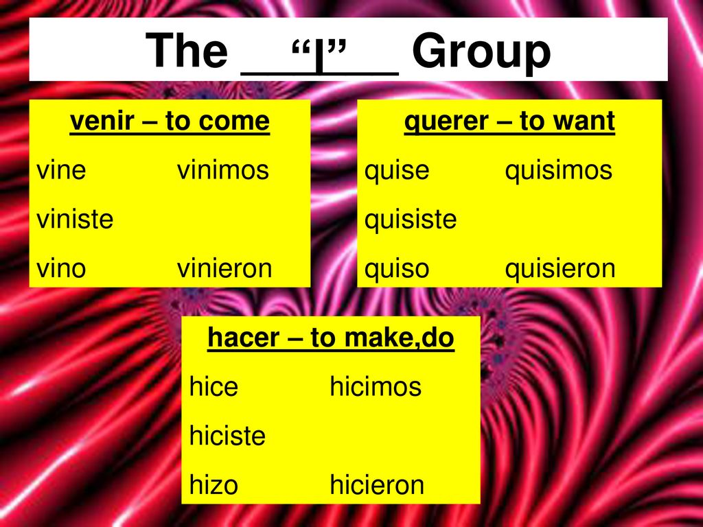 The ______ Group I venir – to come vine vinimos viniste