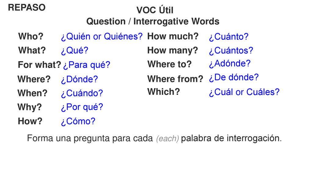 REPASO VOC Útil. Question / Interrogative Words. Who ¿Quién or Quiénes How much ¿Cuánto What