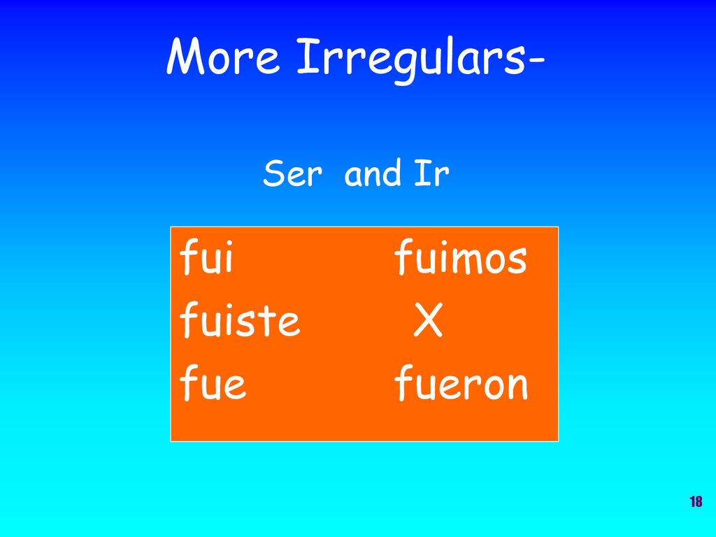 More Irregulars- Ser and Ir fui fuimos fuiste X fue fueron