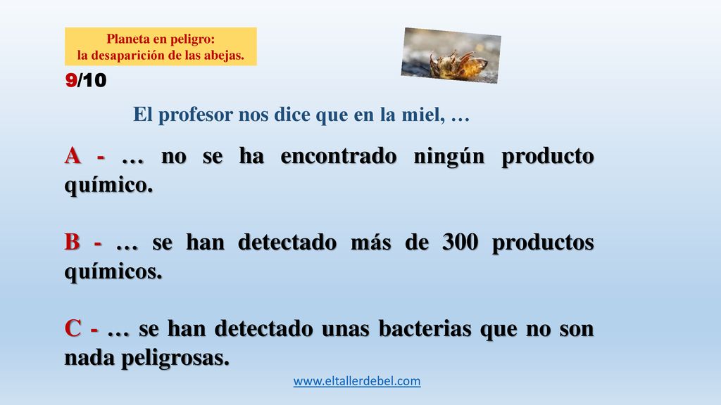 la desaparición de las abejas. El profesor nos dice que en la miel, …