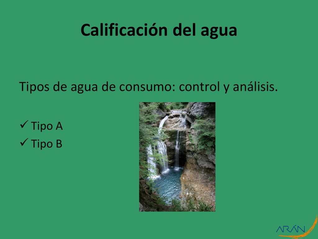 Calificación del agua Tipos de agua de consumo: control y análisis.
