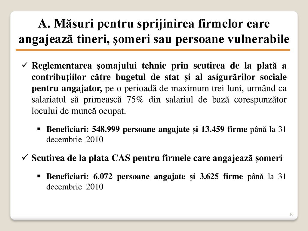 A. Măsuri pentru sprijinirea firmelor care angajează tineri, şomeri sau persoane vulnerabile