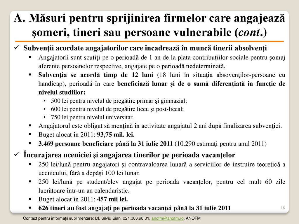 A. Măsuri pentru sprijinirea firmelor care angajează şomeri, tineri sau persoane vulnerabile (cont.)