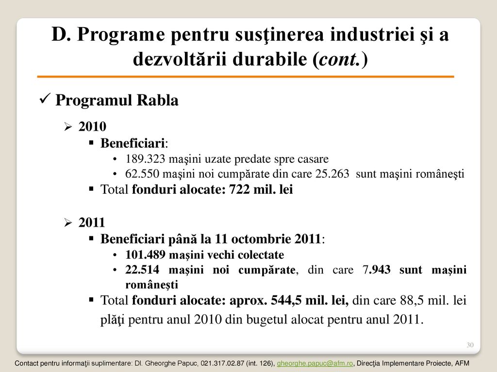 D. Programe pentru susţinerea industriei şi a dezvoltării durabile (cont.)