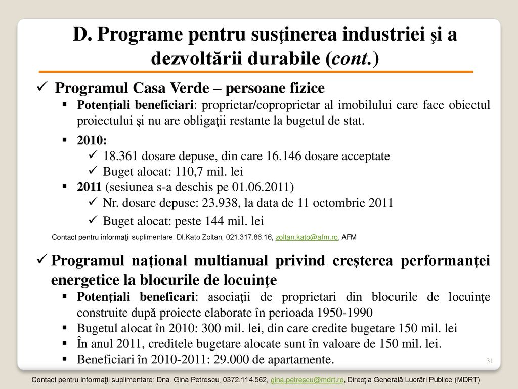 D. Programe pentru susţinerea industriei şi a dezvoltării durabile (cont.)