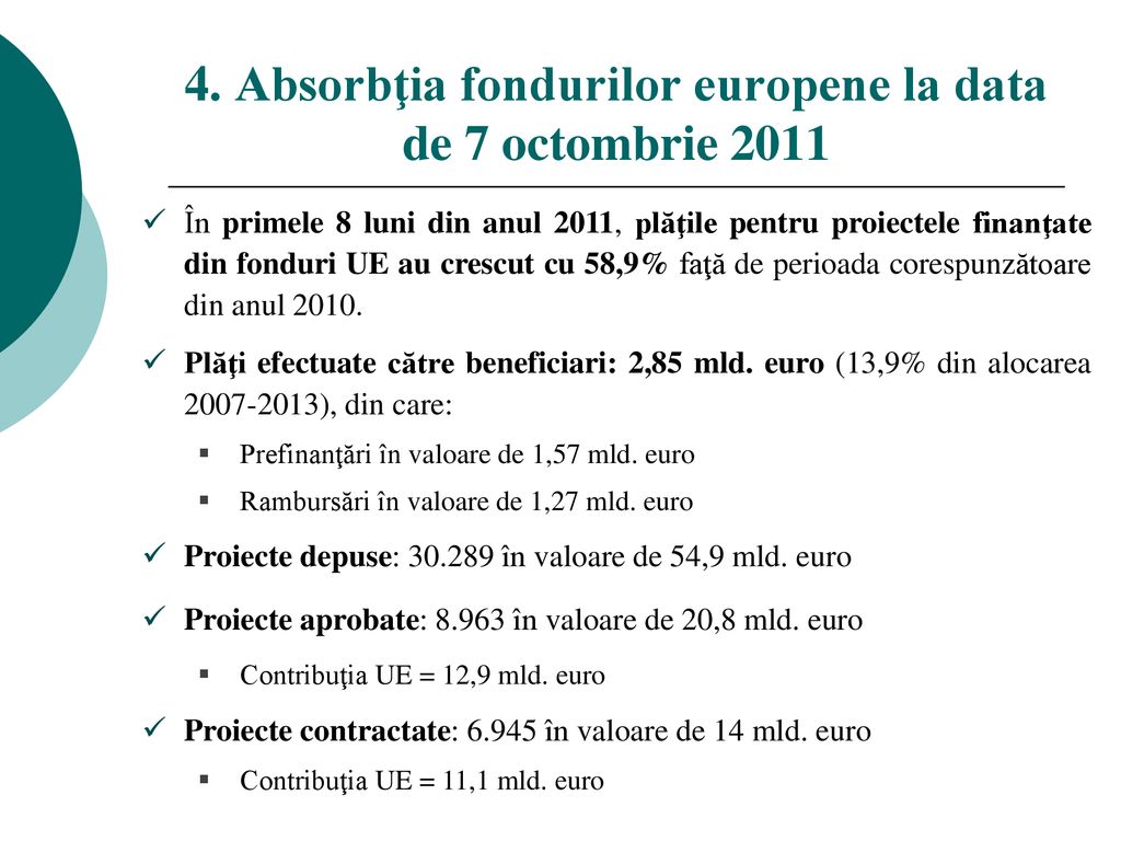 4. Absorbţia fondurilor europene la data de 7 octombrie 2011