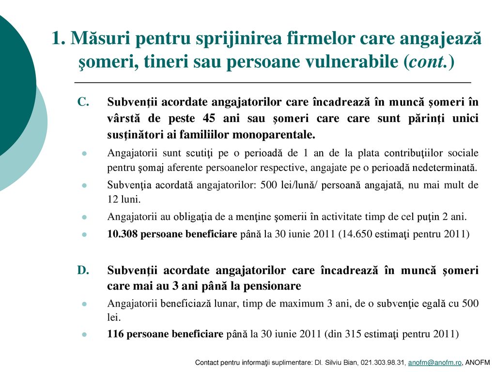 1. Măsuri pentru sprijinirea firmelor care angajează şomeri, tineri sau persoane vulnerabile (cont.)