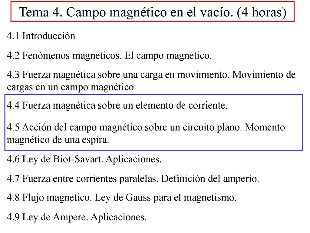 Tema 4. Campo magnético en el vacío. (4 horas)