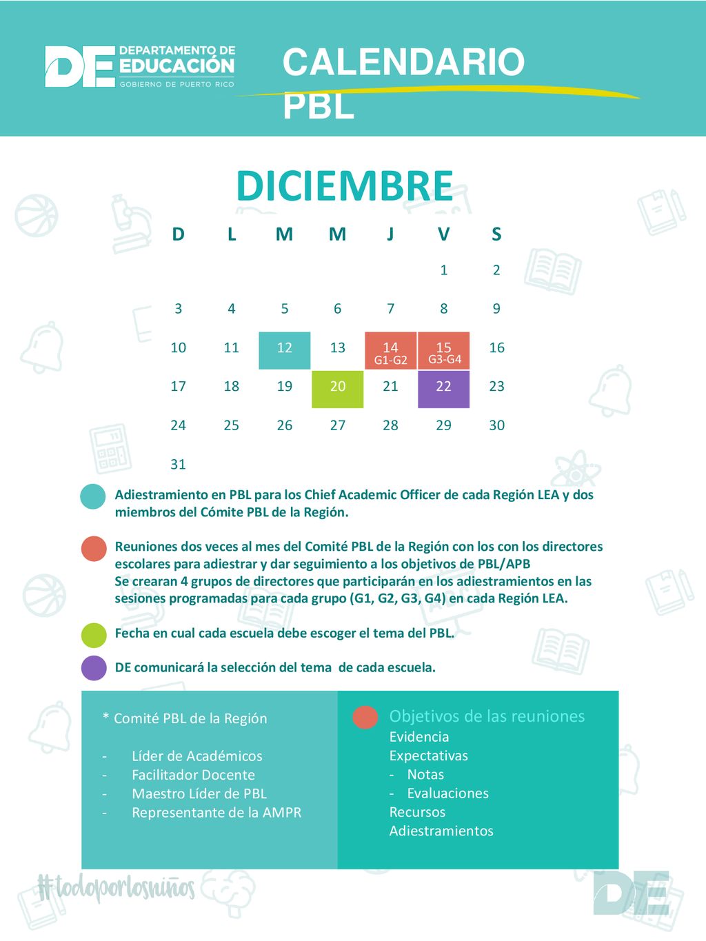 DICIEMBRE CALENDARIO PBL D L M J V S Objetivos de las reuniones 1 2 3