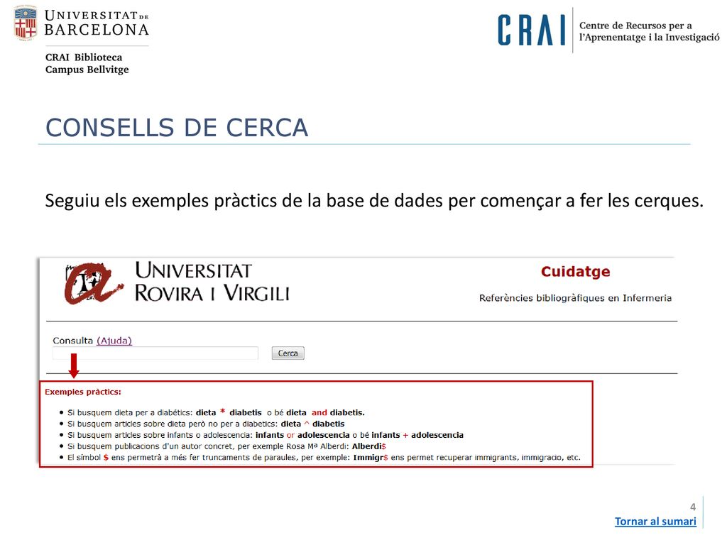 CONSELLS DE CERCA Seguiu els exemples pràctics de la base de dades per començar a fer les cerques. Tornar al sumari.