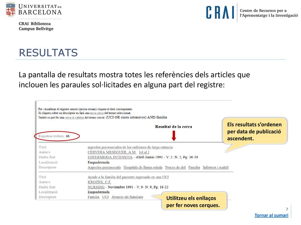 RESULTATS La pantalla de resultats mostra totes les referències dels articles que inclouen les paraules sol·licitades en alguna part del registre:
