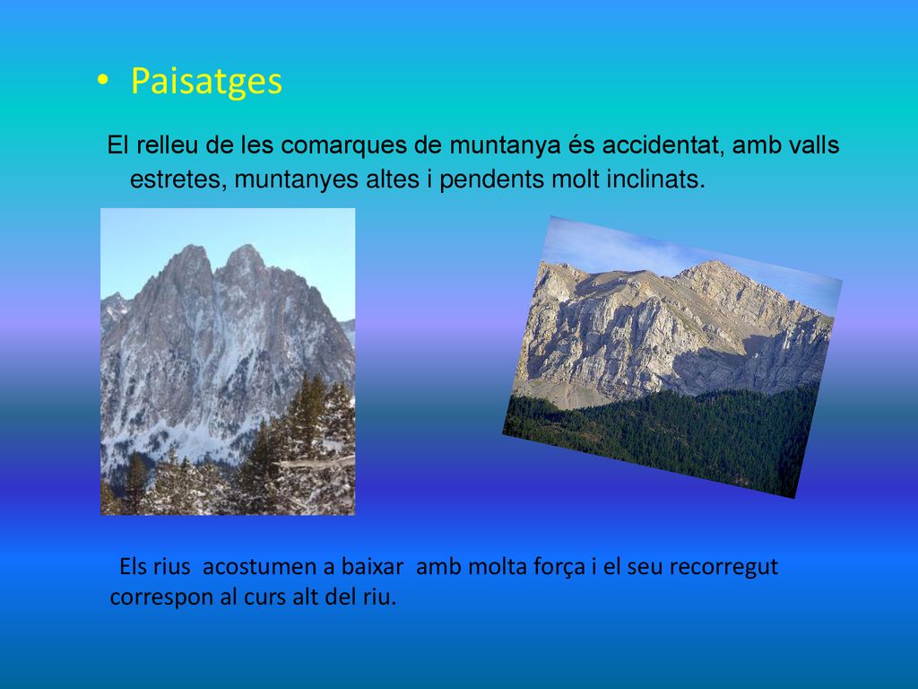 Paisatges El relleu de les comarques de muntanya és accidentat, amb valls estretes, muntanyes altes i pendents molt inclinats.