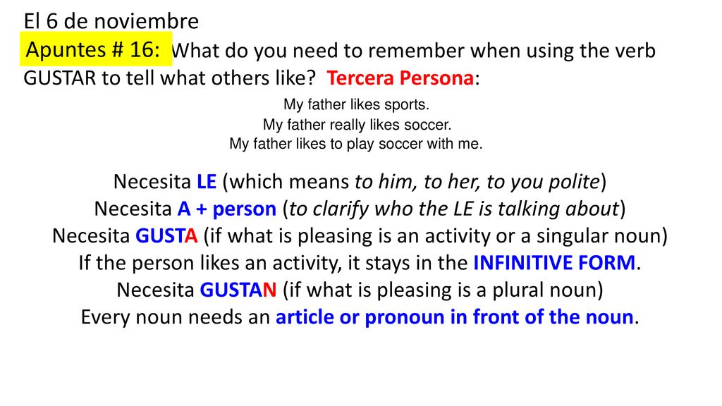 El 6 de noviembre What do you need to remember when using the verb GUSTAR to tell what others like Tercera Persona: