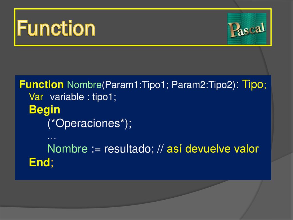 Function Begin End; Function Nombre(Param1:Tipo1; Param2:Tipo2): Tipo;