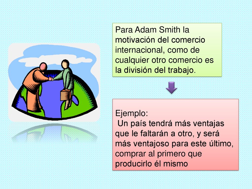 Para Adam Smith la motivación del comercio internacional, como de cualquier otro comercio es la división del trabajo.