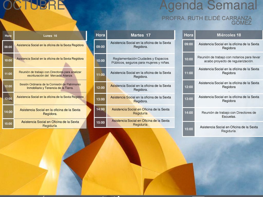 Agenda Semanal OCTUBRE Cabildo Torreón PROFRA. RUTH ELIDÉ CARRANZA