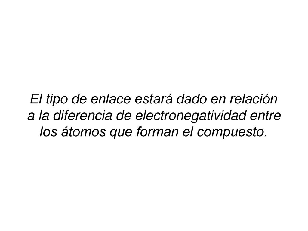 El tipo de enlace estará dado en relación a la diferencia de electronegatividad entre los átomos que forman el compuesto.