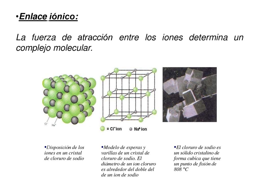 Enlace iónico: La fuerza de atracción entre los iones determina un complejo molecular. Disposición de los iones en un cristal de cloruro de sodio.
