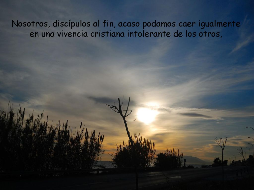 Nosotros, discípulos al fin, acaso podamos caer igualmente en una vivencia cristiana intolerante de los otros,