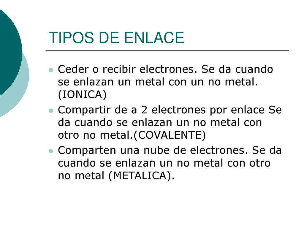 TIPOS DE ENLACE Ceder o recibir electrones. Se da cuando se enlazan un metal con un no metal. (IONICA)