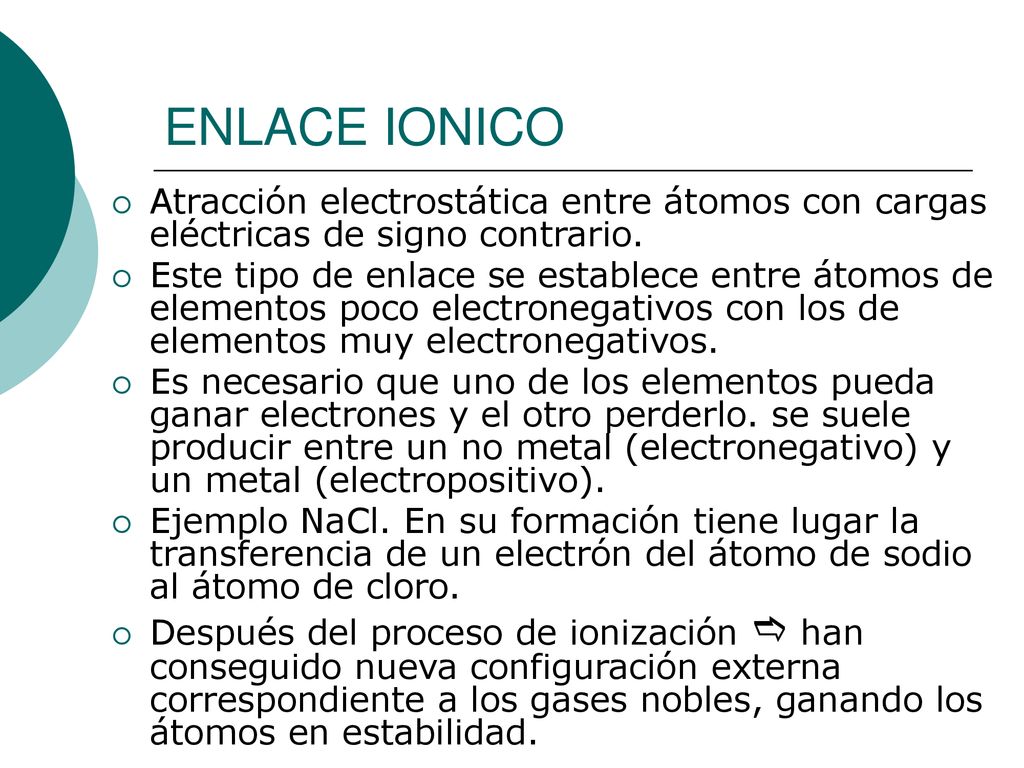 ENLACE IONICO Atracción electrostática entre átomos con cargas eléctricas de signo contrario.