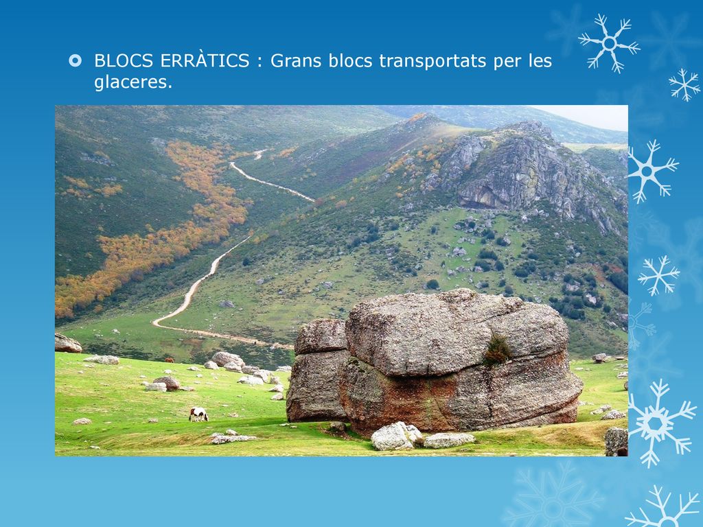 BLOCS ERRÀTICS : Grans blocs transportats per les glaceres.