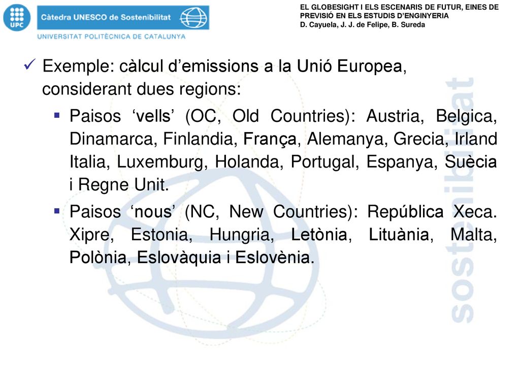 Exemple: càlcul d’emissions a la Unió Europea, considerant dues regions: