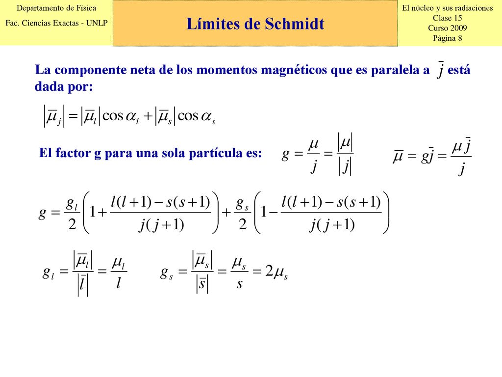 Límites de Schmidt La componente neta de los momentos magnéticos que es paralela a está dada por: