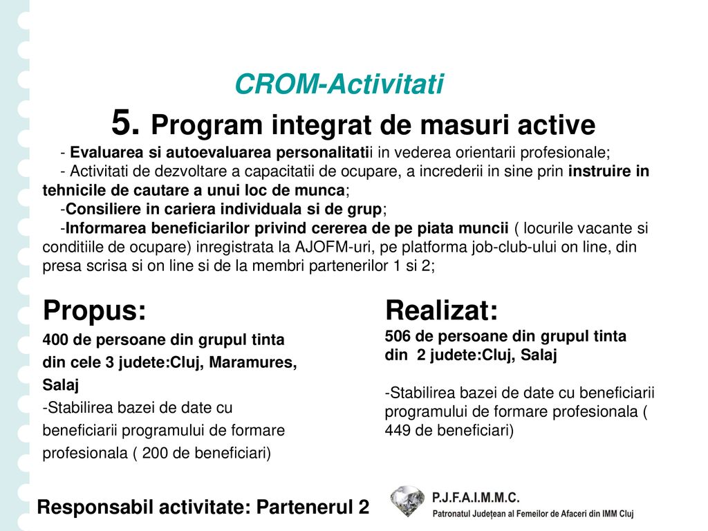 CROM-Activitati 5. Program integrat de masuri active - Evaluarea si autoevaluarea personalitatii in vederea orientarii profesionale; - Activitati de dezvoltare a capacitatii de ocupare, a increderii in sine prin instruire in tehnicile de cautare a unui loc de munca; -Consiliere in cariera individuala si de grup; -Informarea beneficiarilor privind cererea de pe piata muncii ( locurile vacante si conditiile de ocupare) inregistrata la AJOFM-uri, pe platforma job-club-ului on line, din presa scrisa si on line si de la membri partenerilor 1 si 2;