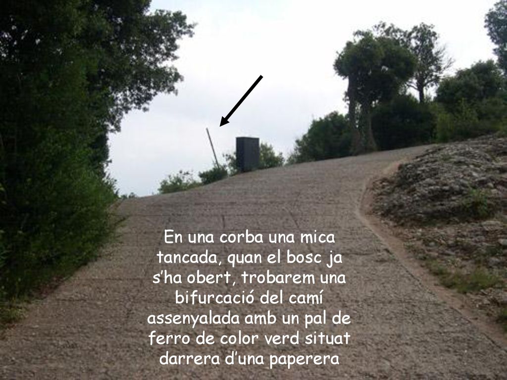 En una corba una mica tancada, quan el bosc ja s’ha obert, trobarem una bifurcació del camí assenyalada amb un pal de ferro de color verd situat darrera d’una paperera