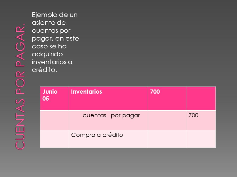 Cuentas por pagar. Ejemplo de un asiento de cuentas por pagar, en este caso se ha adquirido inventarios a crédito.