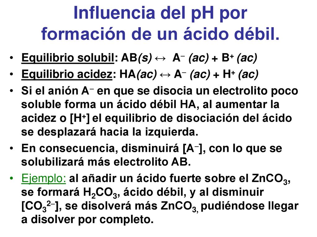 Influencia del pH por formación de un ácido débil.