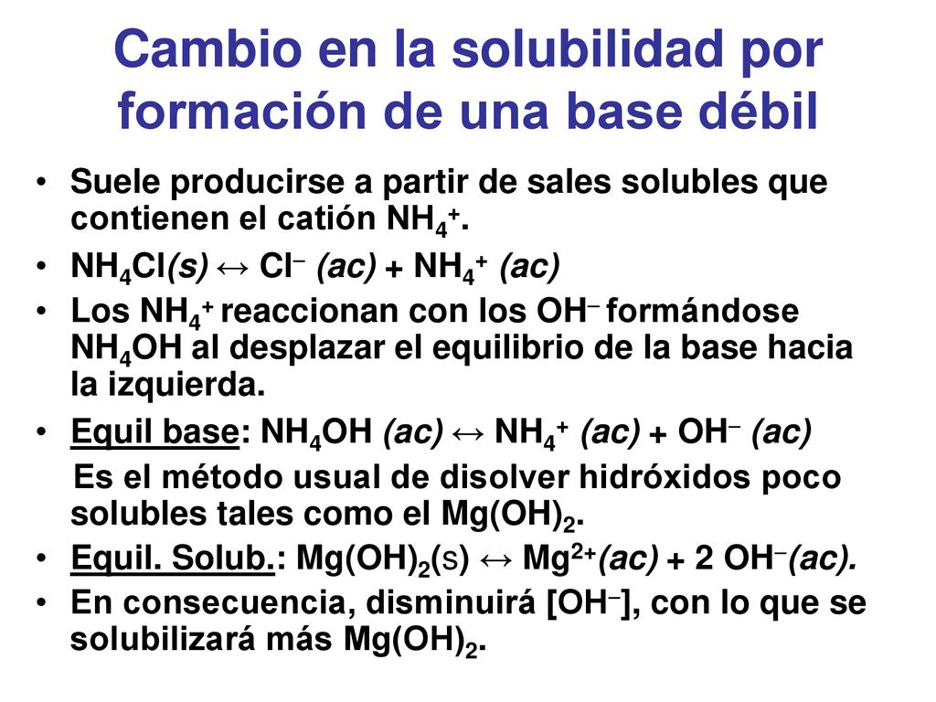 Cambio en la solubilidad por formación de una base débil