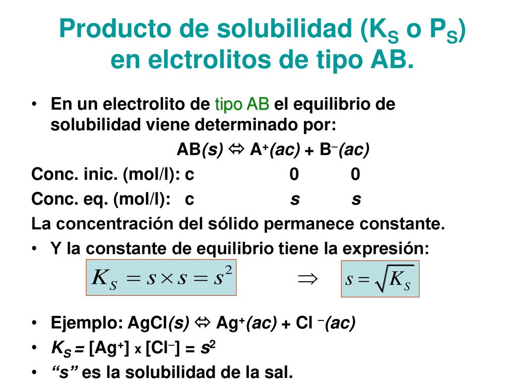 Producto de solubilidad (KS o PS) en elctrolitos de tipo AB.