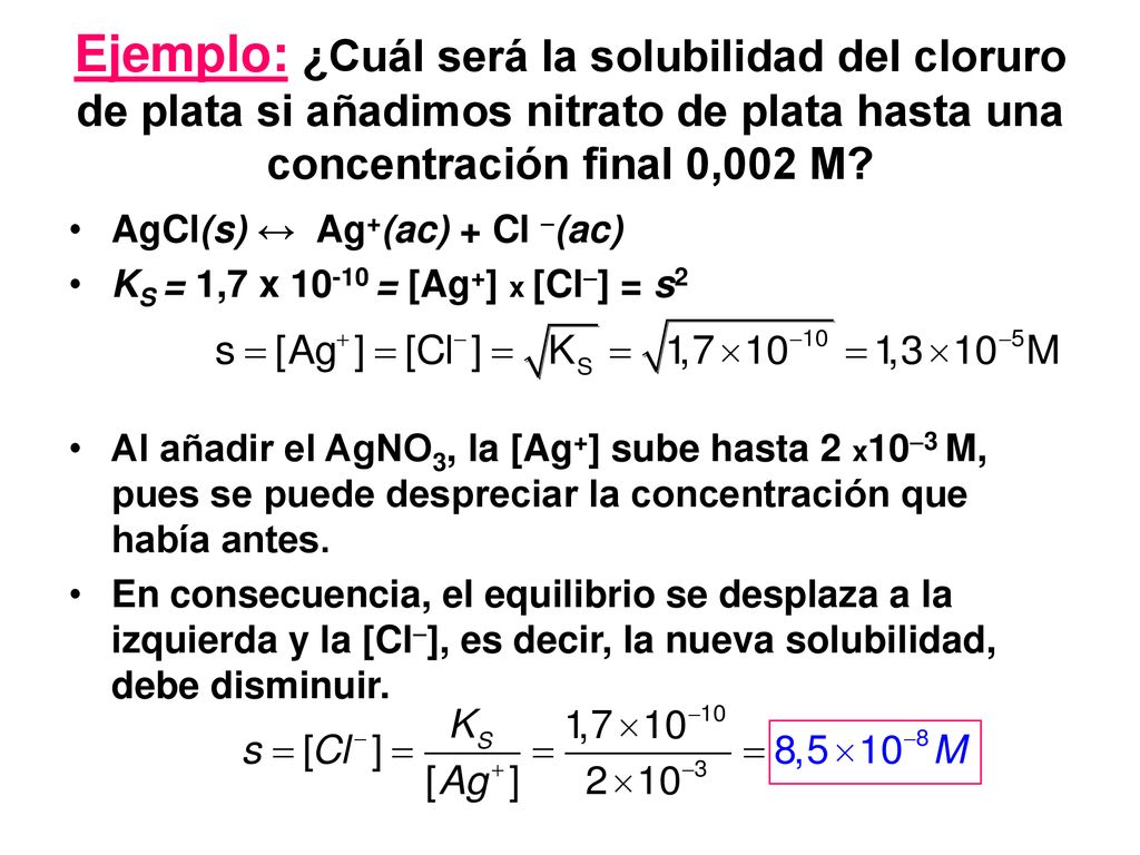 Ejemplo: ¿Cuál será la solubilidad del cloruro de plata si añadimos nitrato de plata hasta una concentración final 0,002 M