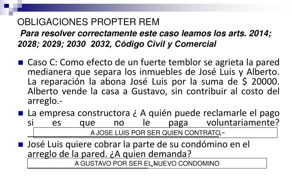 OBLIGACIONES PROPTER REM Para resolver correctamente este caso leamos los arts. 2014; 2028; 2029; , Código Civil y Comercial