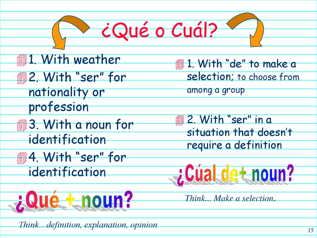 ¿Qué o Cuál ¿Cúal de+ noun ¿Qué + noun 1. With weather