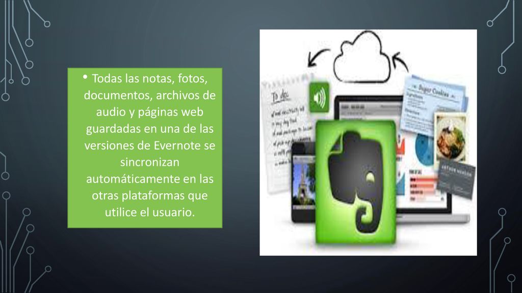 Todas las notas, fotos, documentos, archivos de audio y páginas web guardadas en una de las versiones de Evernote se sincronizan automáticamente en las otras plataformas que utilice el usuario.