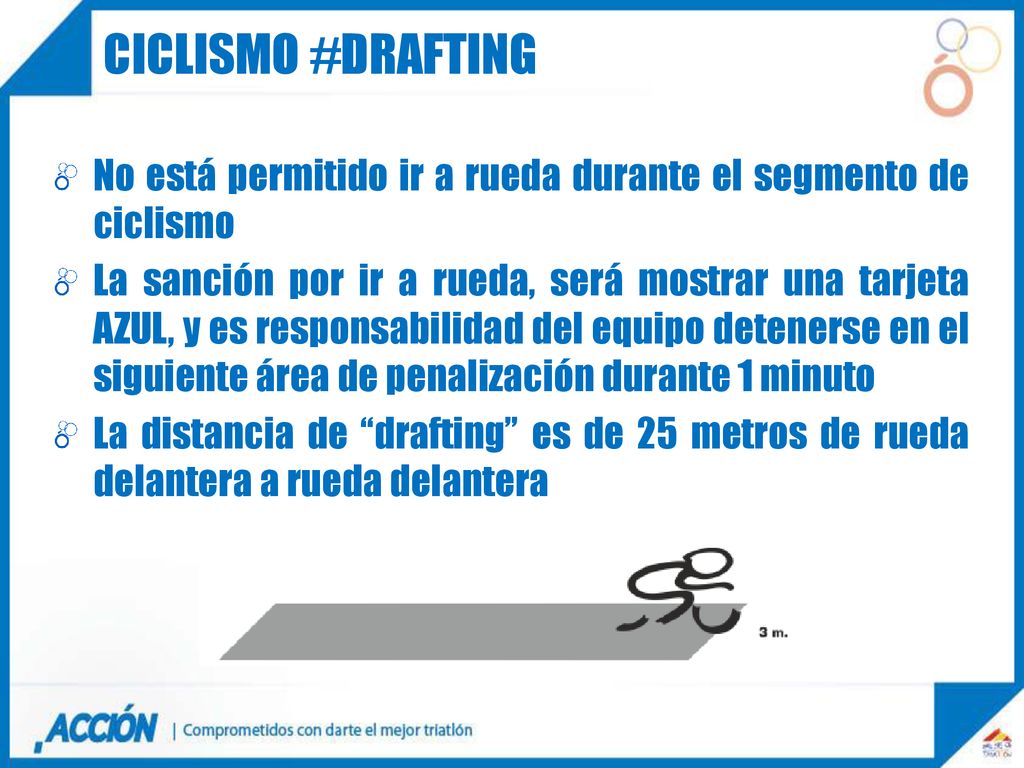 Ciclismo #DRAFTING No está permitido ir a rueda durante el segmento de ciclismo.