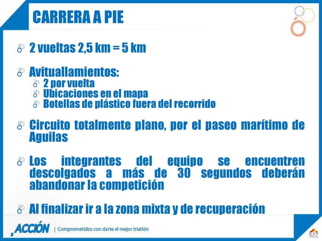 Carrera a pie 2 vueltas 2,5 km = 5 km Avituallamientos: