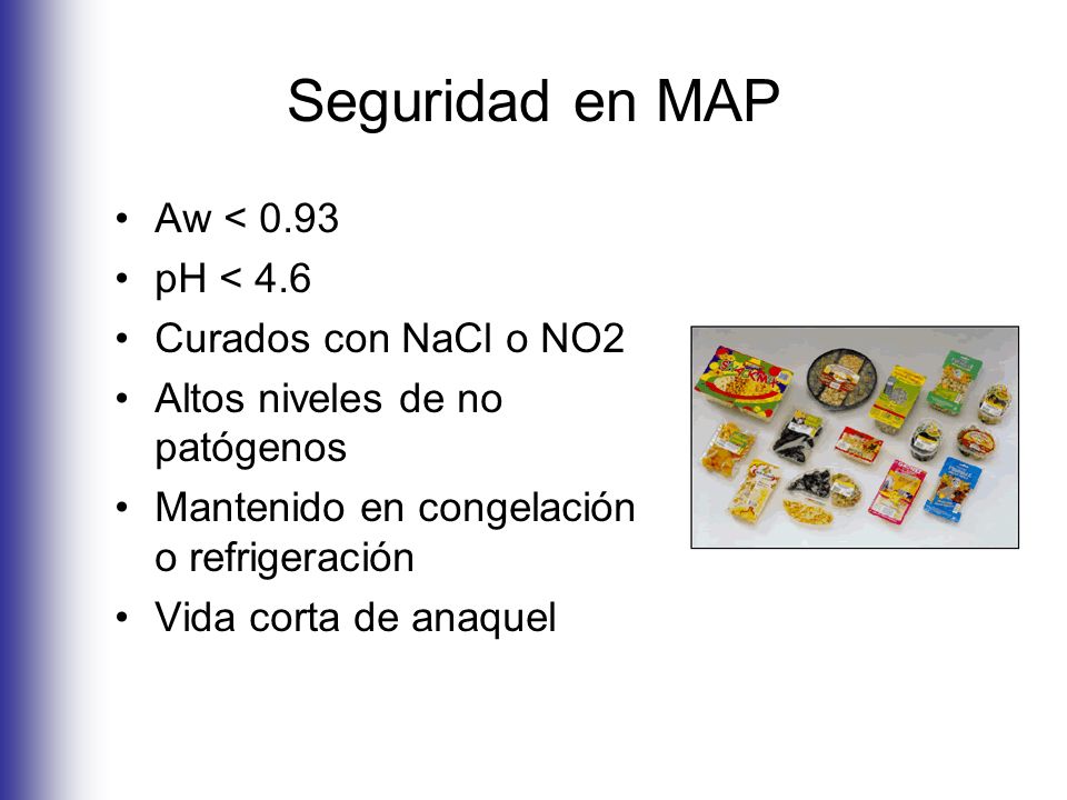 Seguridad en MAP Aw < 0.93 pH < 4.6 Curados con NaCl o NO2