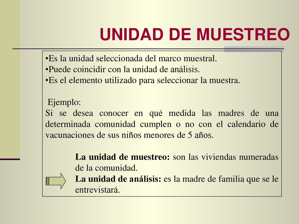 UNIDAD DE MUESTREO Es la unidad seleccionada del marco muestral.